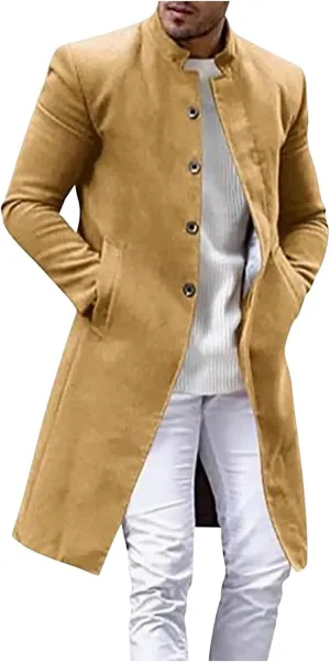 XUNRYAN Mens Wool Blend Pea Coat Notched Collar Single Breasted Overcoat Warm Winter Trench Coat Mid Long Jacket Work Outwear