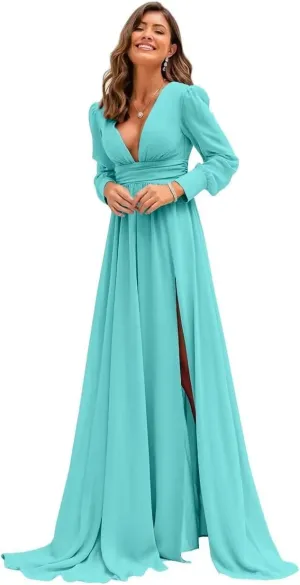 Xyiveaf Chiffon V-Neck Bridesmaid Dresses for Women Formal Evening Party Dresses with Slit Wedding Reception Gowns