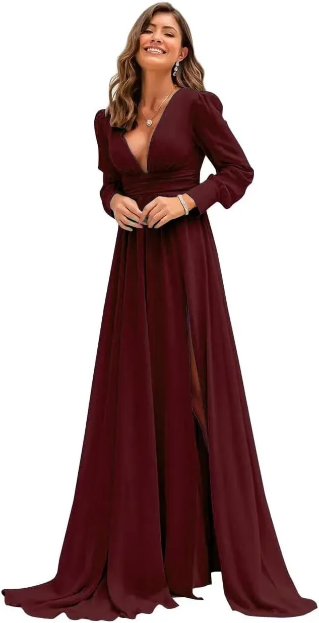 Xyiveaf Chiffon V-Neck Bridesmaid Dresses for Women Formal Evening Party Dresses with Slit Wedding Reception Gowns