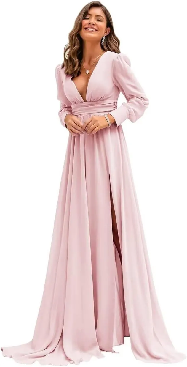 Xyiveaf Chiffon V-Neck Bridesmaid Dresses for Women Formal Evening Party Dresses with Slit Wedding Reception Gowns