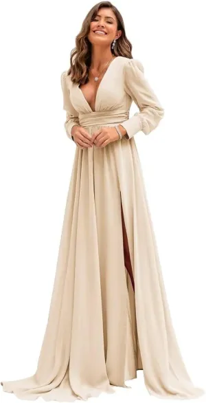 Xyiveaf Chiffon V-Neck Bridesmaid Dresses for Women Formal Evening Party Dresses with Slit Wedding Reception Gowns