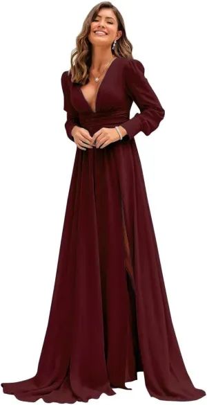 Xyiveaf Chiffon V-Neck Bridesmaid Dresses for Women Formal Evening Party Dresses with Slit Wedding Reception Gowns