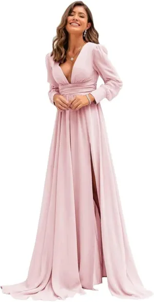 Xyiveaf Chiffon V-Neck Bridesmaid Dresses for Women Formal Evening Party Dresses with Slit Wedding Reception Gowns