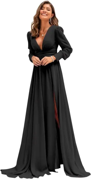 Xyiveaf Chiffon V-Neck Bridesmaid Dresses for Women Formal Evening Party Dresses with Slit Wedding Reception Gowns