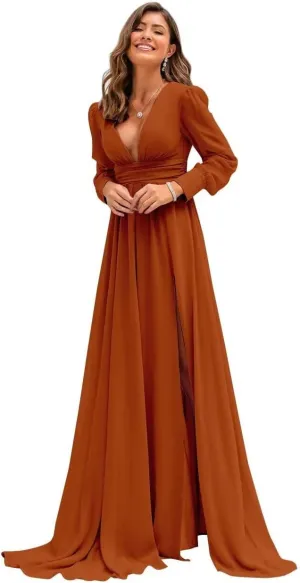 Xyiveaf Chiffon V-Neck Bridesmaid Dresses for Women Formal Evening Party Dresses with Slit Wedding Reception Gowns