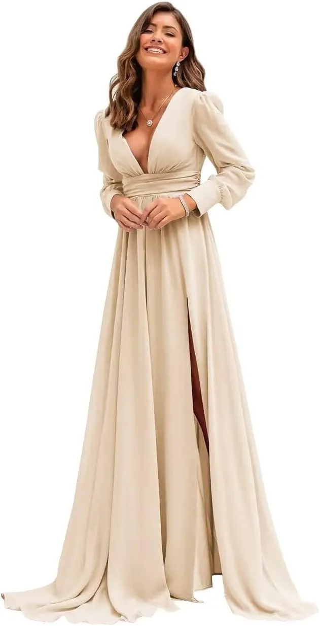 Xyiveaf Chiffon V-Neck Bridesmaid Dresses for Women Formal Evening Party Dresses with Slit Wedding Reception Gowns