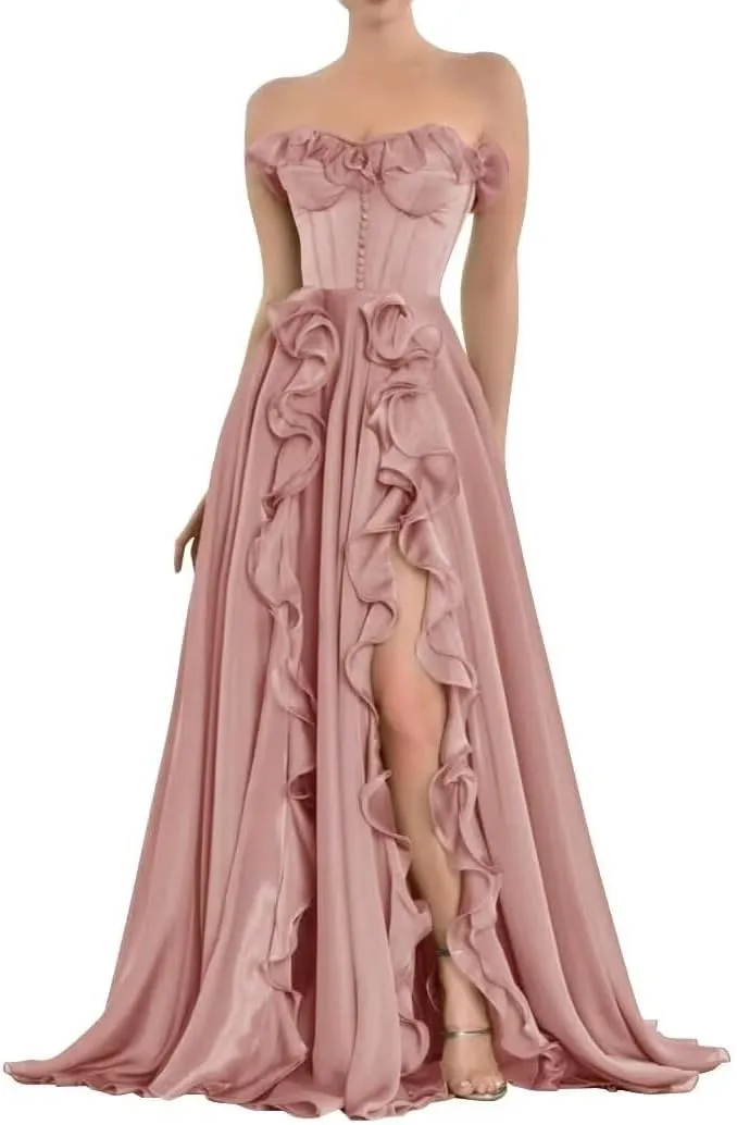Xyiveaf Ruffles Chiffon Prom Dress Strapless Formal Evening Party Dresses 2024 Long Ball Gown A-Line Corset Tube Prom Gowns