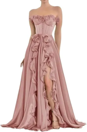 Xyiveaf Ruffles Chiffon Prom Dress Strapless Formal Evening Party Dresses 2024 Long Ball Gown A-Line Corset Tube Prom Gowns