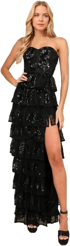 Xyiveaf Sparkly Tiered Ruffle Prom Dresses for Women with Sequins Strapless Long Party Gown Slit Corset Formal Evening Dress