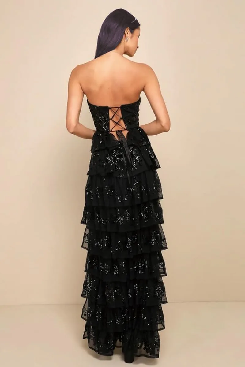 Xyiveaf Sparkly Tiered Ruffle Prom Dresses for Women with Sequins Strapless Long Party Gown Slit Corset Formal Evening Dress