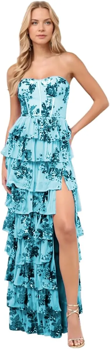 Xyiveaf Sparkly Tiered Ruffle Prom Dresses for Women with Sequins Strapless Long Party Gown Slit Corset Formal Evening Dress