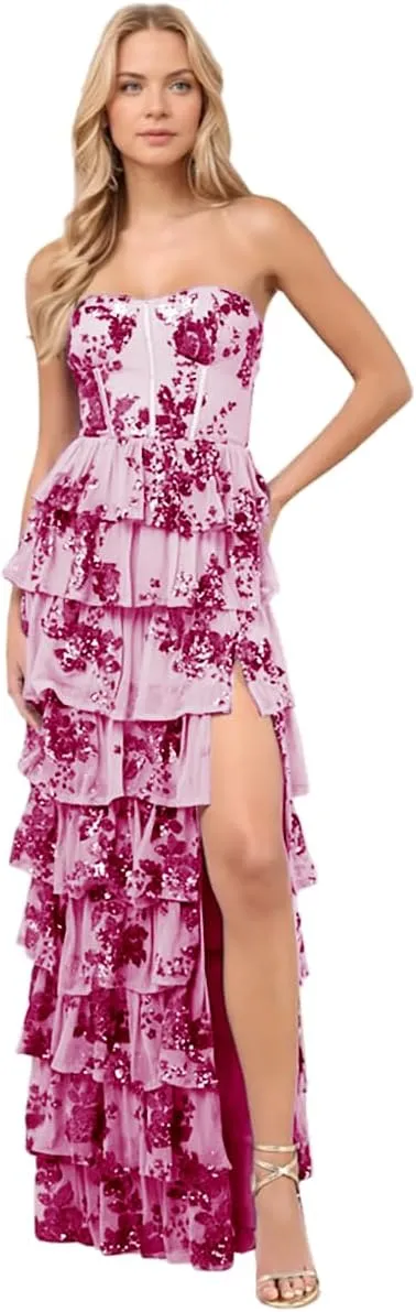 Xyiveaf Sparkly Tiered Ruffle Prom Dresses for Women with Sequins Strapless Long Party Gown Slit Corset Formal Evening Dress