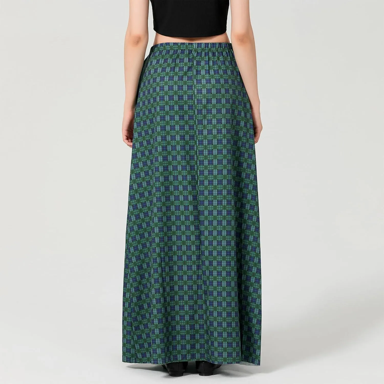 Y2K Plaid Maxi Skirt for Women Elastic High Waist Gingham A Line Flowy Swing Long Skirt Summer Retro Boho Streetwear