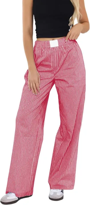 Ythomm Womens Striped Lounge Pants Low Waist Elastic Wide Leg Y2k Casual Boxer Trousers Loose Fit Pajama Pants with Pockets