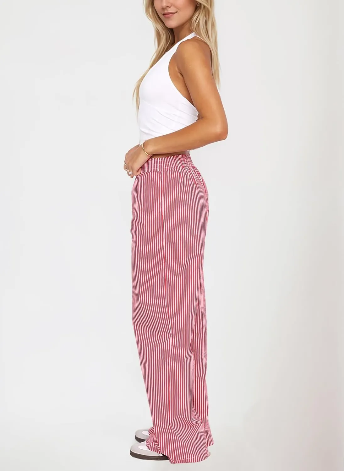 Ythomm Womens Striped Lounge Pants Low Waist Elastic Wide Leg Y2k Casual Boxer Trousers Loose Fit Pajama Pants with Pockets