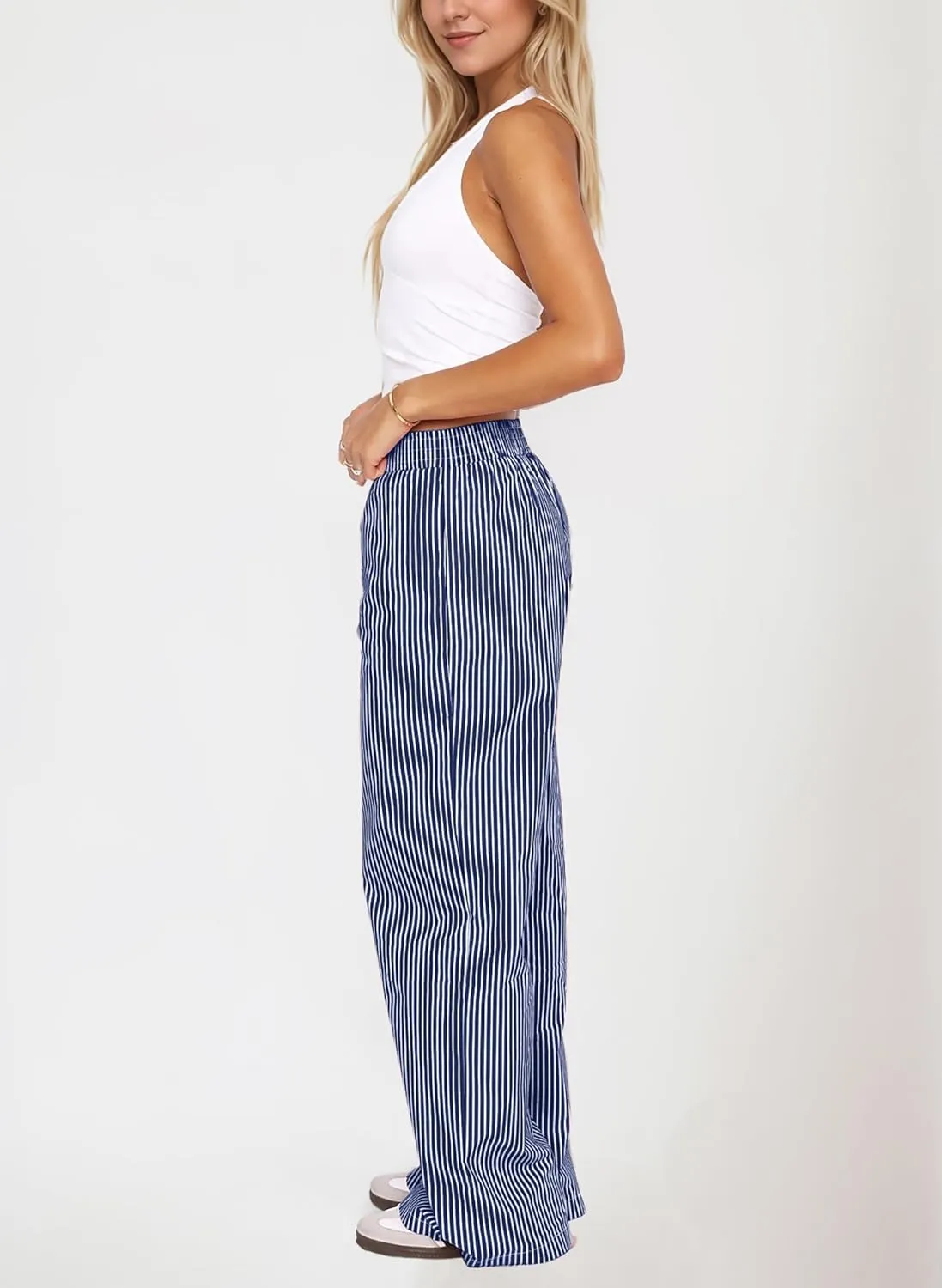Ythomm Womens Striped Lounge Pants Low Waist Elastic Wide Leg Y2k Casual Boxer Trousers Loose Fit Pajama Pants with Pockets