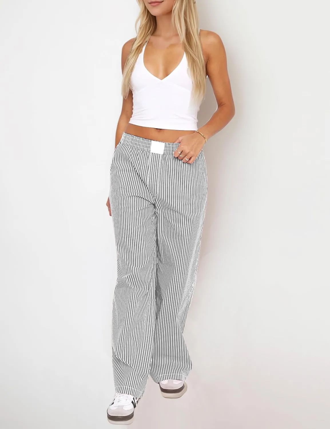 Ythomm Womens Striped Lounge Pants Low Waist Elastic Wide Leg Y2k Casual Boxer Trousers Loose Fit Pajama Pants with Pockets
