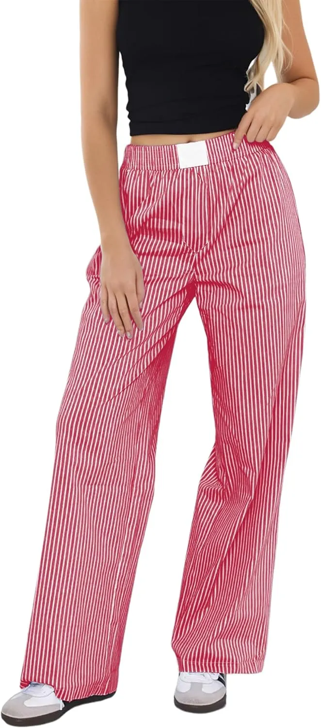 Ythomm Womens Striped Lounge Pants Low Waist Elastic Wide Leg Y2k Casual Boxer Trousers Loose Fit Pajama Pants with Pockets