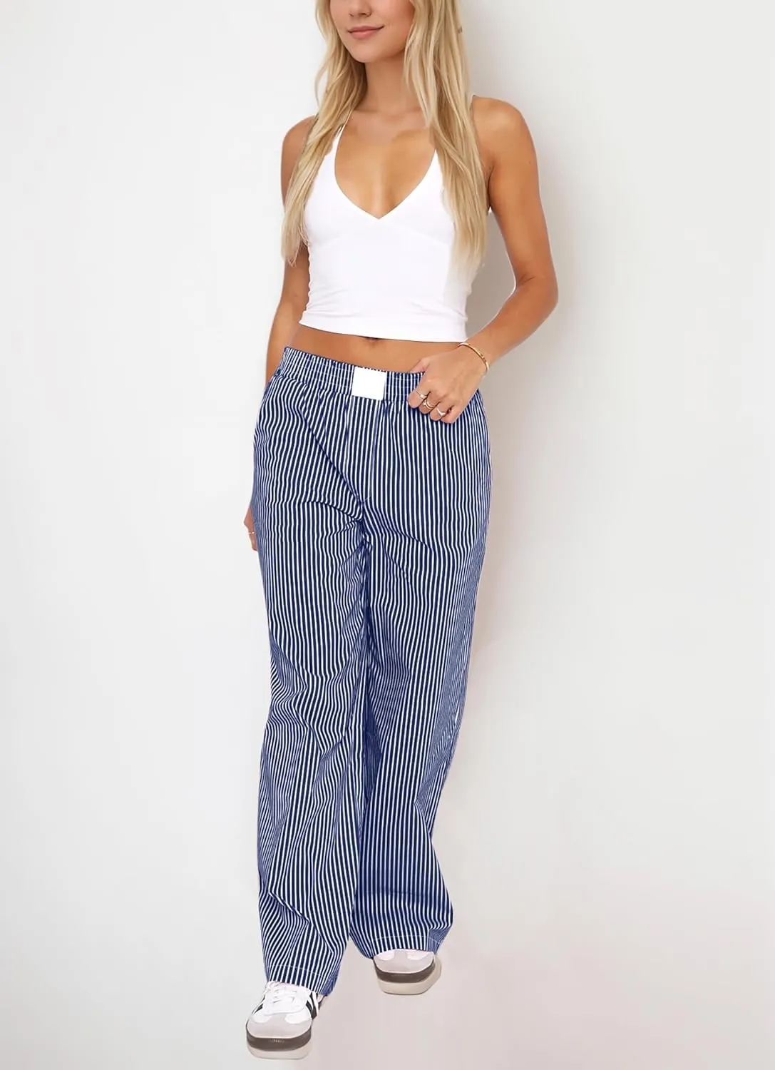 Ythomm Womens Striped Lounge Pants Low Waist Elastic Wide Leg Y2k Casual Boxer Trousers Loose Fit Pajama Pants with Pockets