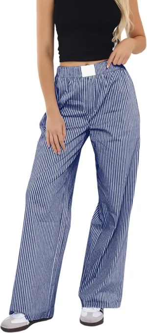 Ythomm Womens Striped Lounge Pants Low Waist Elastic Wide Leg Y2k Casual Boxer Trousers Loose Fit Pajama Pants with Pockets