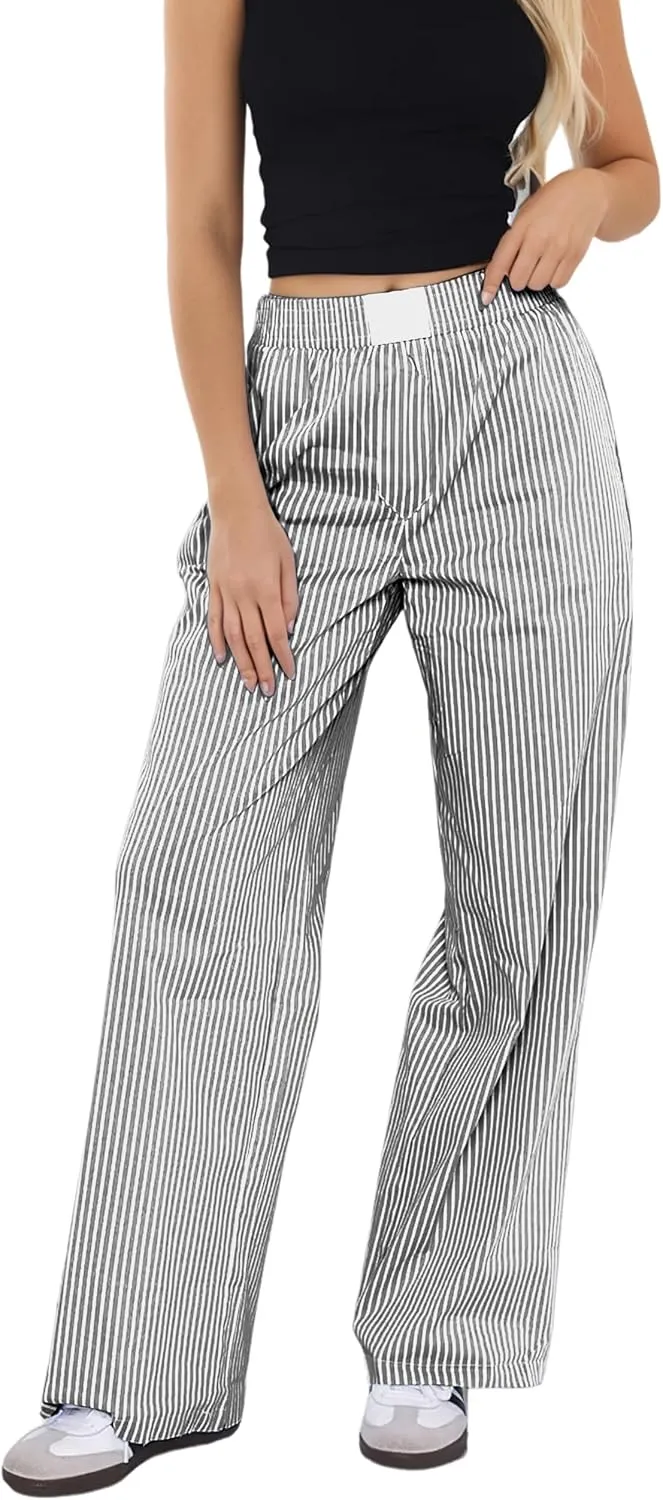 Ythomm Womens Striped Lounge Pants Low Waist Elastic Wide Leg Y2k Casual Boxer Trousers Loose Fit Pajama Pants with Pockets