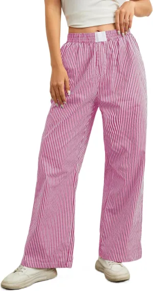 Ythomm Womens Striped Lounge Pants Low Waist Elastic Wide Leg Y2k Casual Boxer Trousers Loose Fit Pajama Pants with Pockets