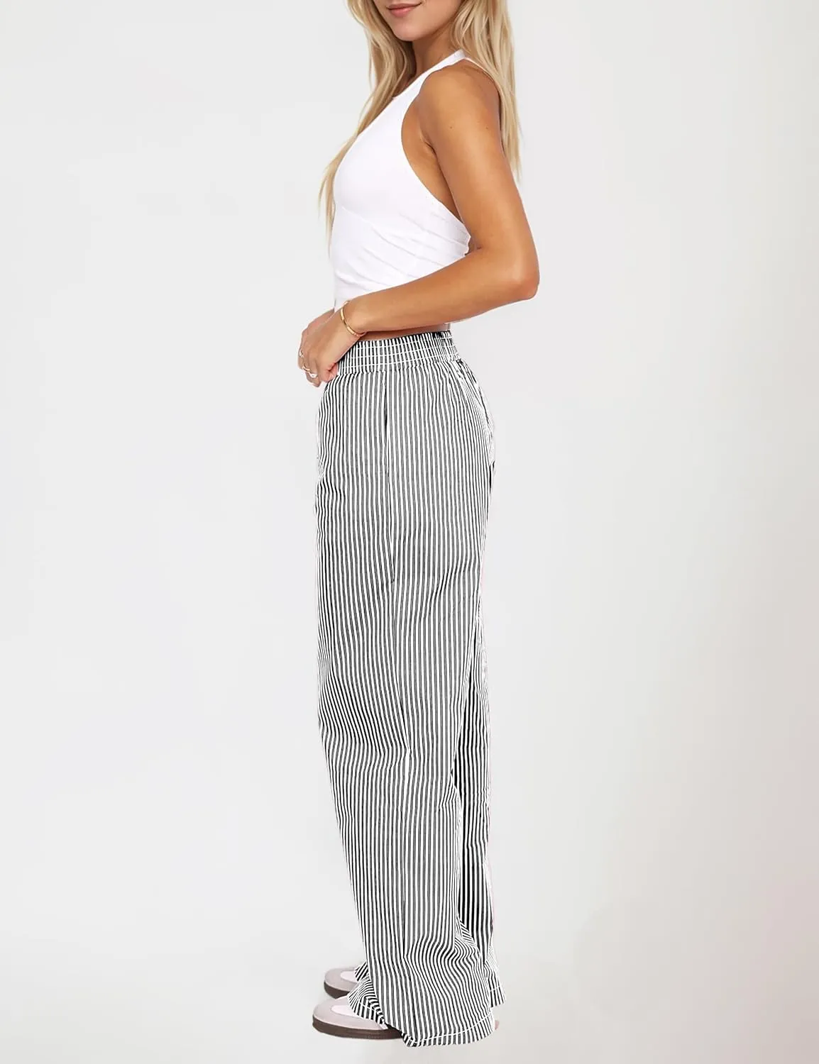 Ythomm Womens Striped Lounge Pants Low Waist Elastic Wide Leg Y2k Casual Boxer Trousers Loose Fit Pajama Pants with Pockets