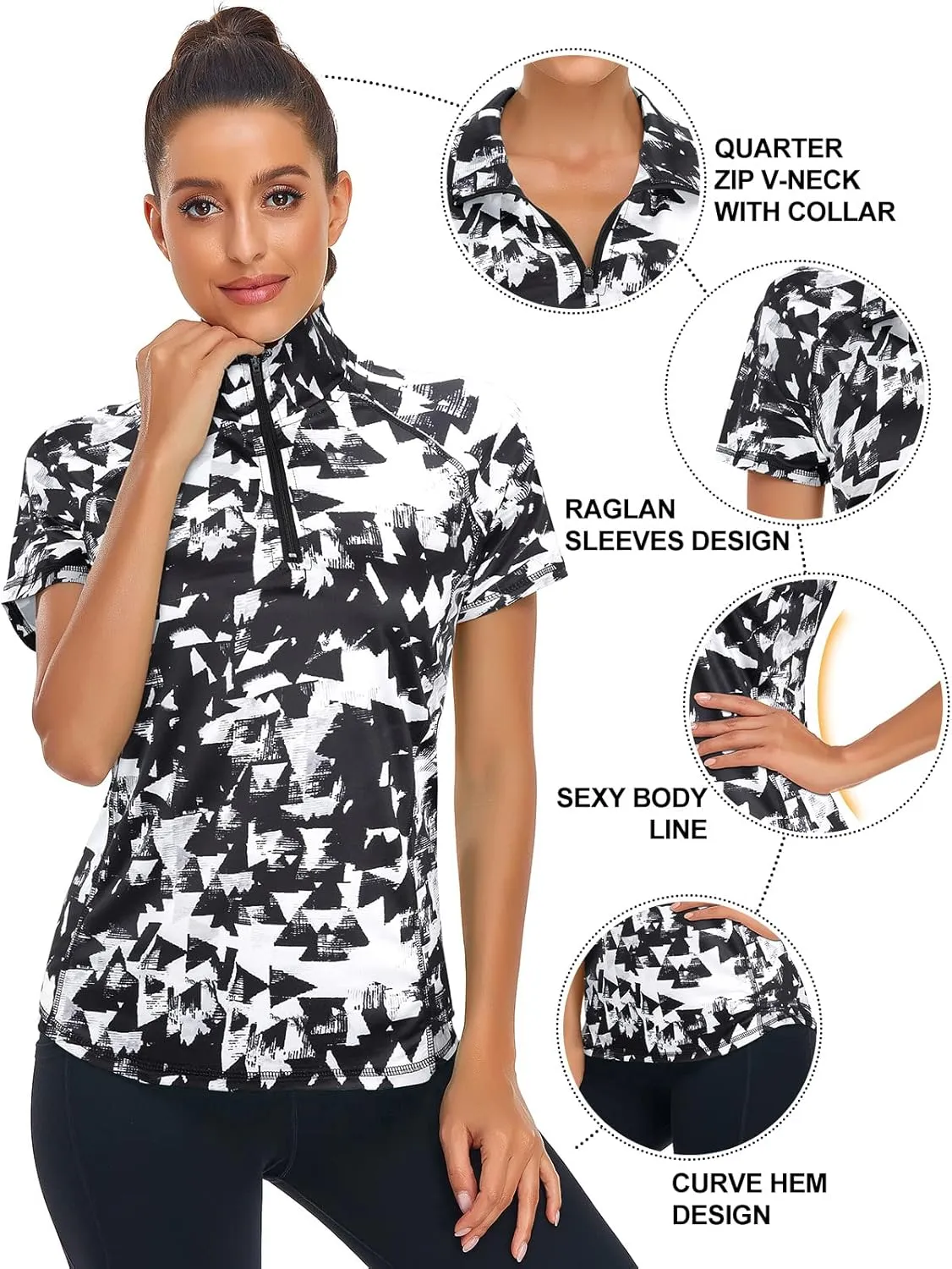 Zamowoty Women's Short Sleeve Golf Shirts 1/4 Zip Up Loose Yoga Running Workout Tops